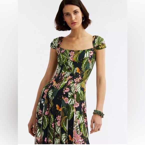 Oscar de la Renta Mixed Botanical Sleeveless Cady Inset Dress, 14 - Picture 3 of 15